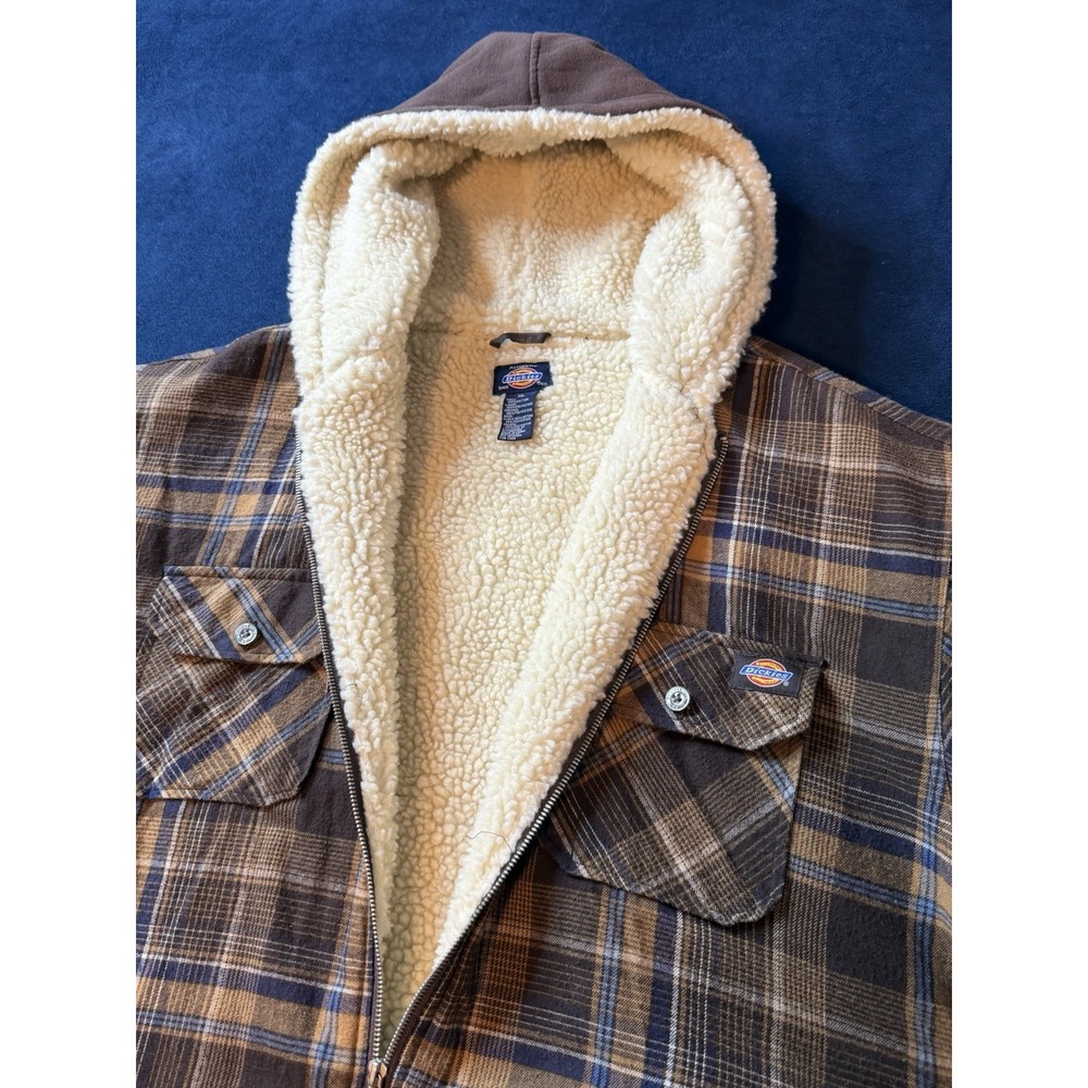 Dickies Sherpa Lined Flannel Jacket Mens XL Brown Plaid Hooded Barn Coat Zip Up